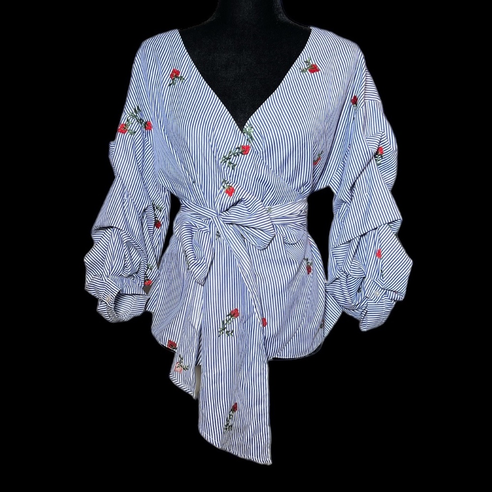 Aqua - Blue/Wht Pinstripe Embroidered Strawberry Wrap Blouse - Size L